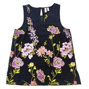 Meadow Rue Anthropologie Harriet Black Embroidered Tank Top Size Small